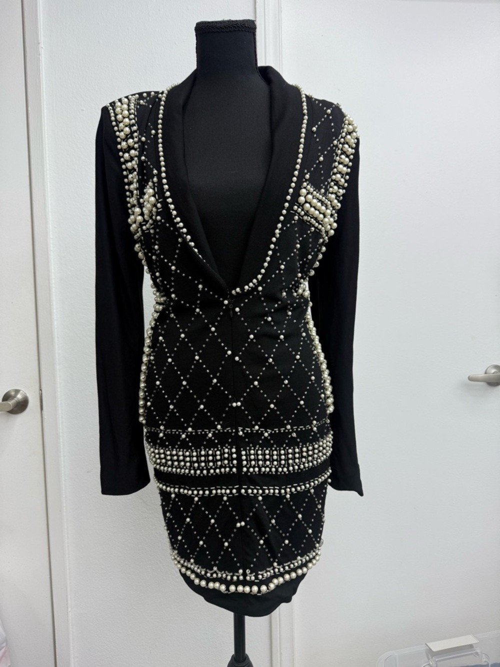 Black Pearl-Embellished Long-Sleeve Dress